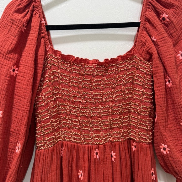 Women XS/S Floral Embroidered Midi Maxi Dress Long Puff Sleeve Square Neck - Picture 11 of 16